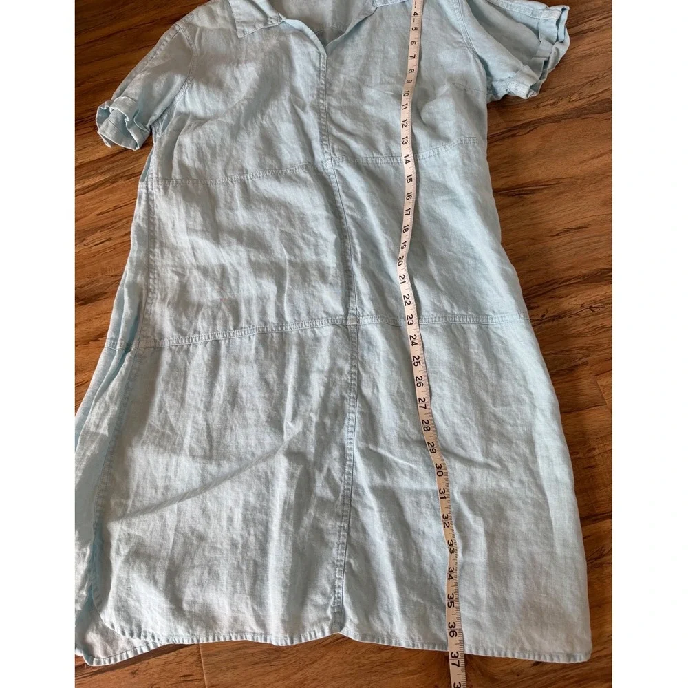 Pure Amici Light Blue 100% Linen Short Sleeve V-Neck Shift Dress L